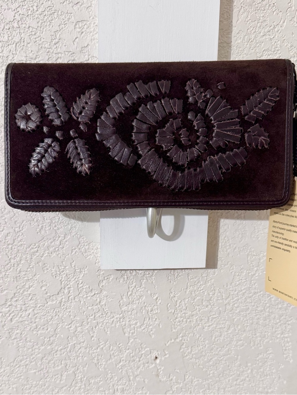 Martha Ponti Embroidered Suede Wallet Clutch - Dark Brown